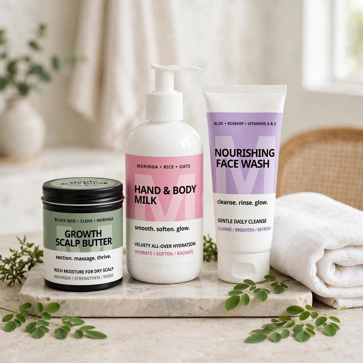 Paquete de Bienestar Naturalux de 3 unidades — Leche corporal, Manteca para el cuero cabelludo y Limpiador facial