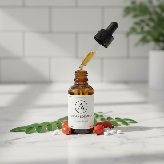 Premium hair and face serum amber dropper bottle on marble with moringa leaves and rosehip berries