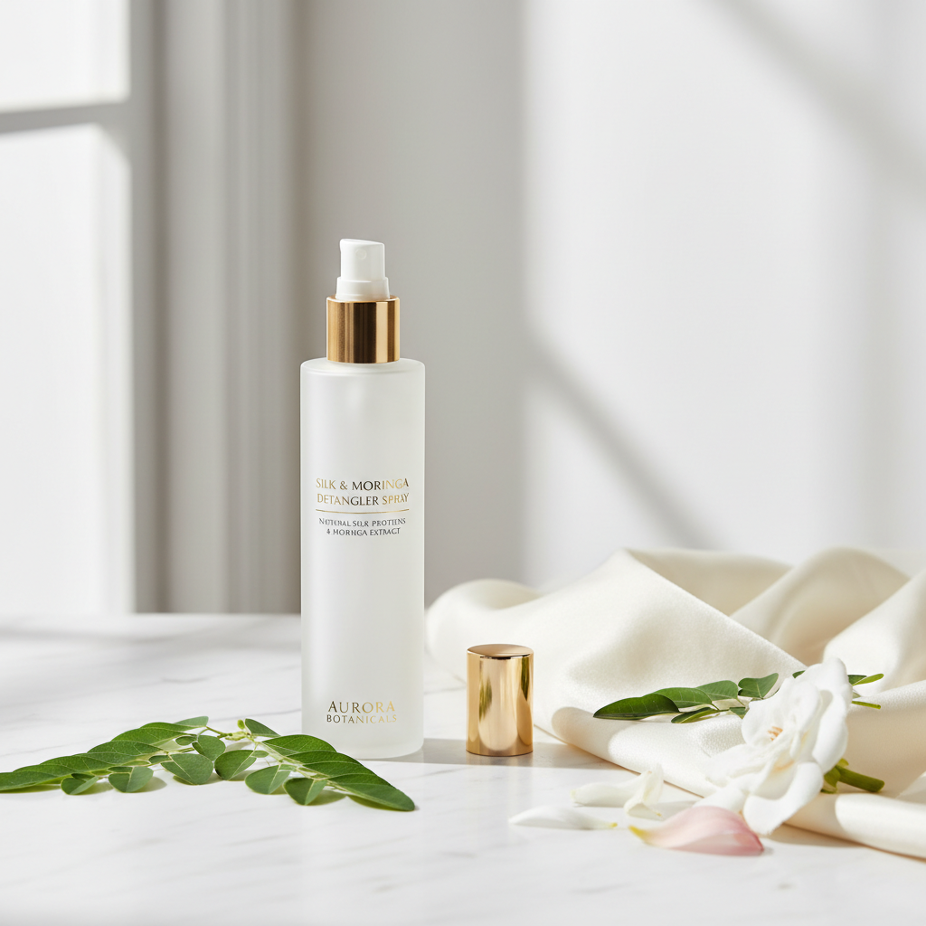 Natural silk hair detangler spray bottle on marble with moringa leaves and flower petals