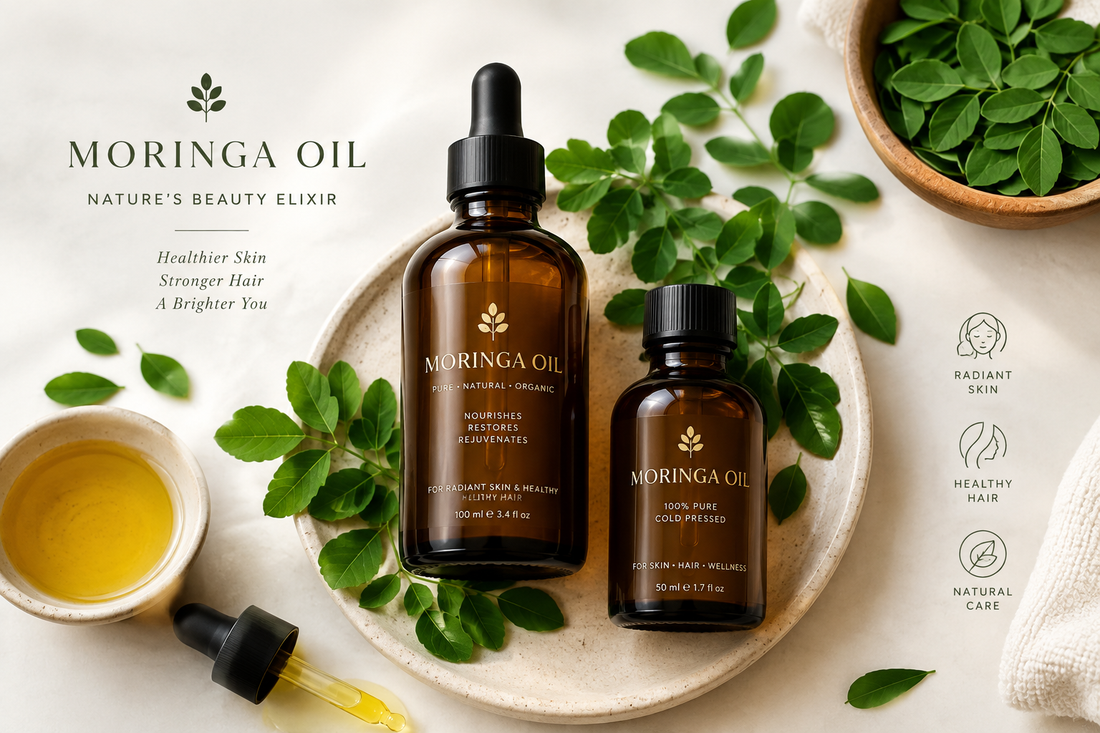 Elegant spa-style flat lay of moringa oil bottles and fresh moringa leaves