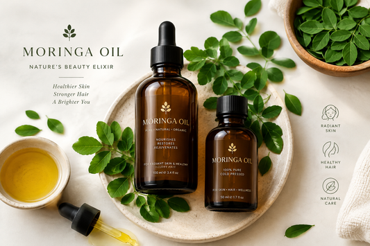 Elegant spa-style flat lay of moringa oil bottles and fresh moringa leaves