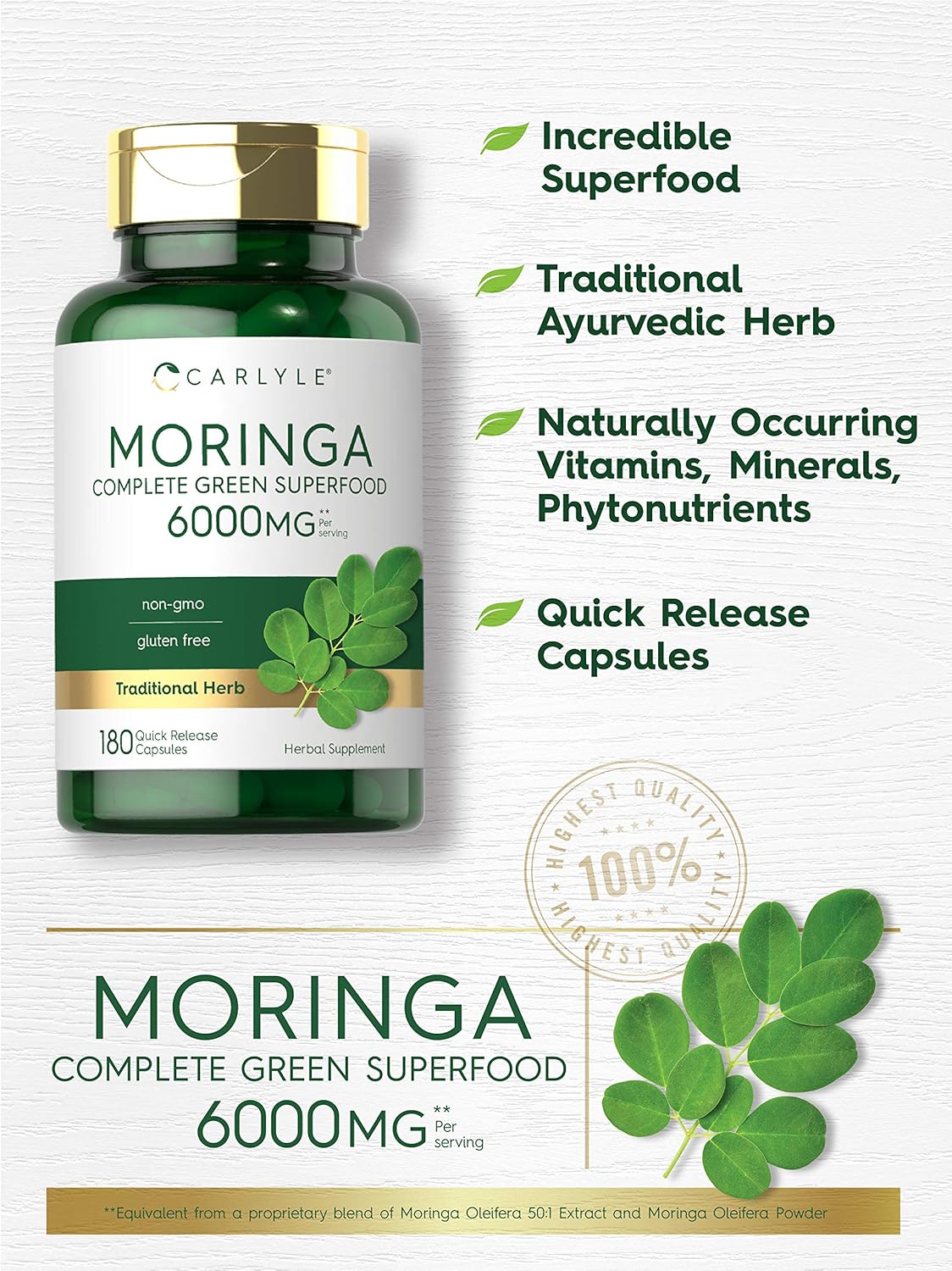 Moringa Oleifera | 180 Capsules | Non-GMO and Gluten Free Superfood