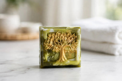 Moringa Shampoo Bar with gold tree-of-life design on a marble surface