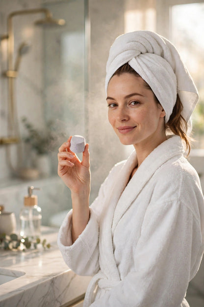 Woman in a robe holding a Frost Steam tablet before her shower