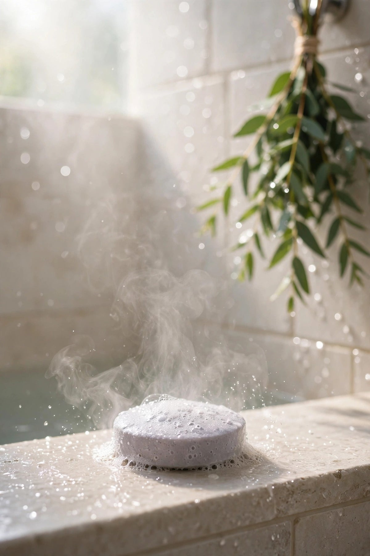 Frost Steam tablet fizzing on a shower ledge