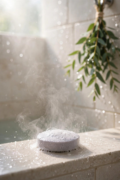 Frost Steam tablet fizzing on a shower ledge