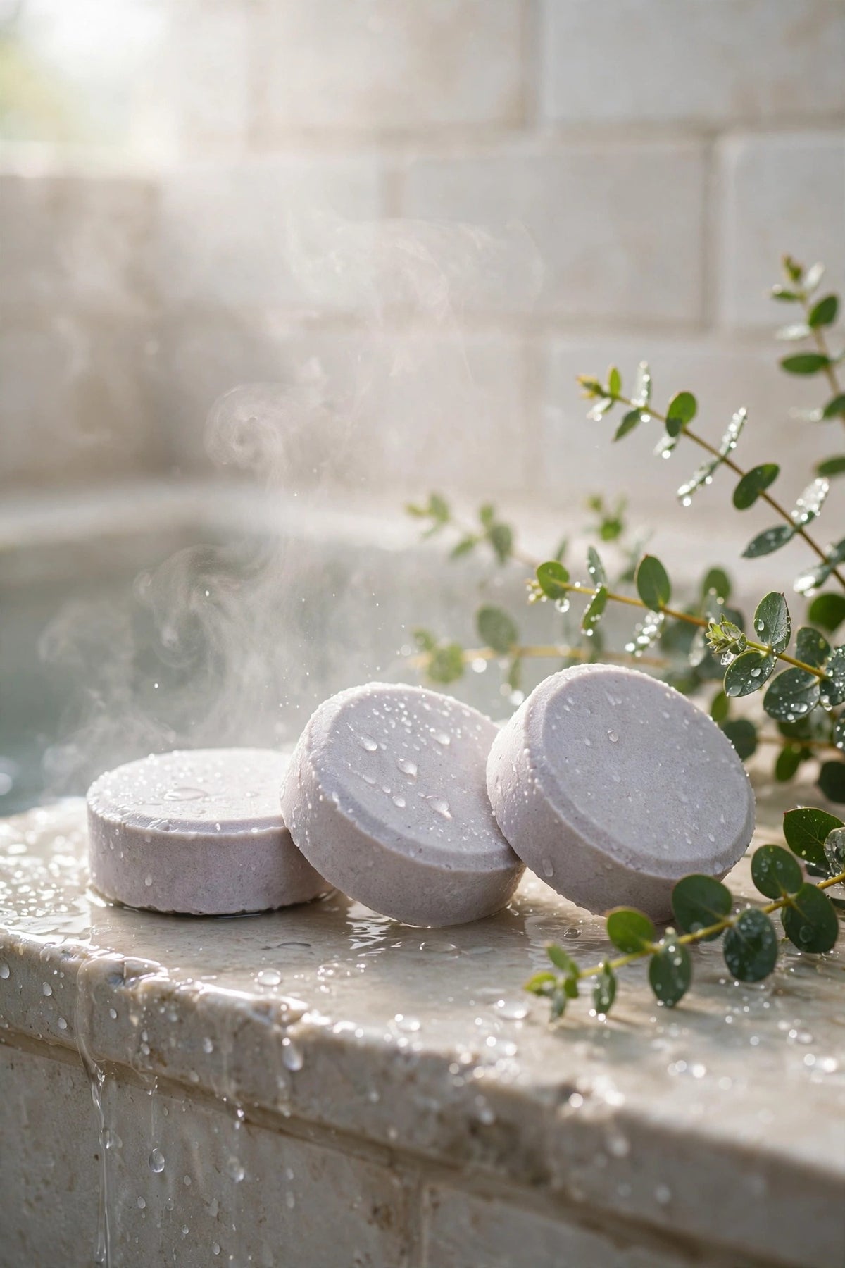 Three Frost Steam tablets on a shower ledge with eucalyptus