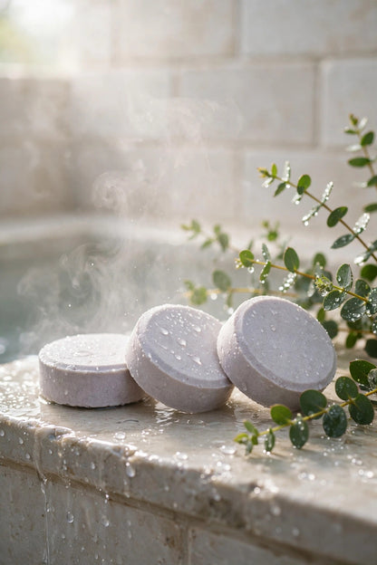 Three Frost Steam tablets on a shower ledge with eucalyptus