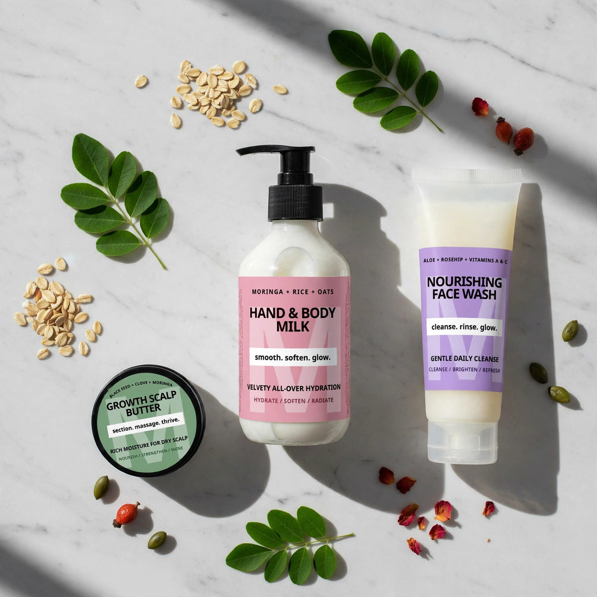 Paquete de Bienestar Naturalux de 3 unidades — Leche corporal, Manteca para el cuero cabelludo y Limpiador facial