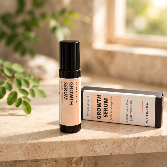 Growth Serum roller bottle and box with peach labels on a warm stone spa shelf with moringa leaves