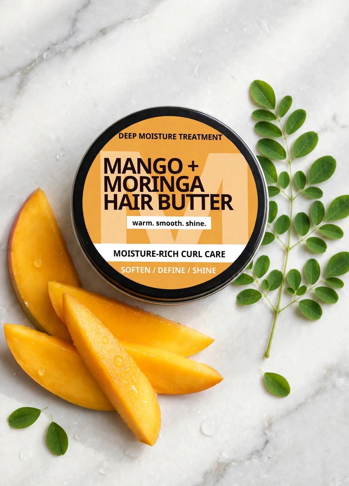 Mango and Moringa Hair Butter tin on white marble with mango slices and moringa leaves