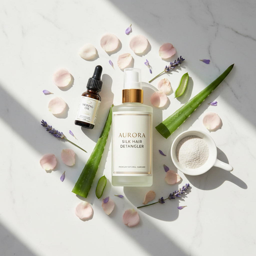 Flat lay of silk detangler with moringa oil, silk proteins, aloe vera and botanicals