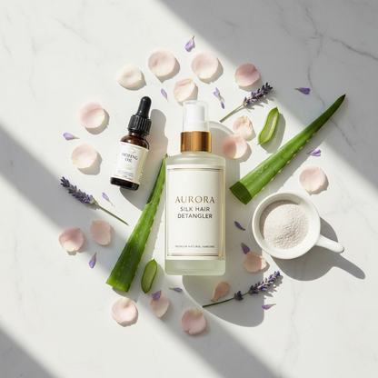 Flat lay of silk detangler with moringa oil, silk proteins, aloe vera and botanicals