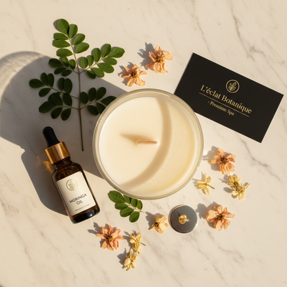 Flat lay of luxury lotion candle with moringa oil, leaves and botanical flowers on marble