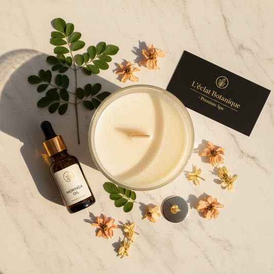 Flat lay of luxury lotion candle with moringa oil, leaves and botanical flowers on marble