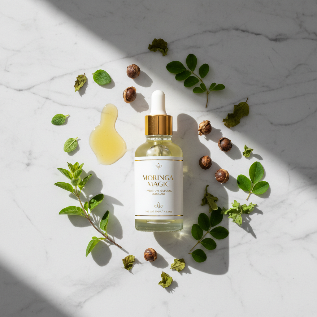 Flat lay of Moringa Magic oil with moringa seeds, leaves and fresh oregano sprigs