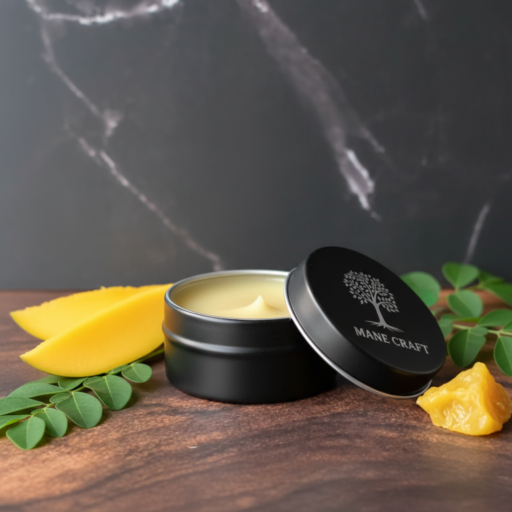 Premium men's beard balm tin on dark wood surface with mango and moringa ingredients