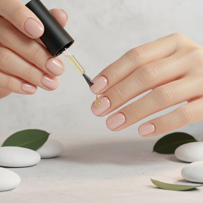 Elegant hands with healthy nails being treated with natural nail growth serum