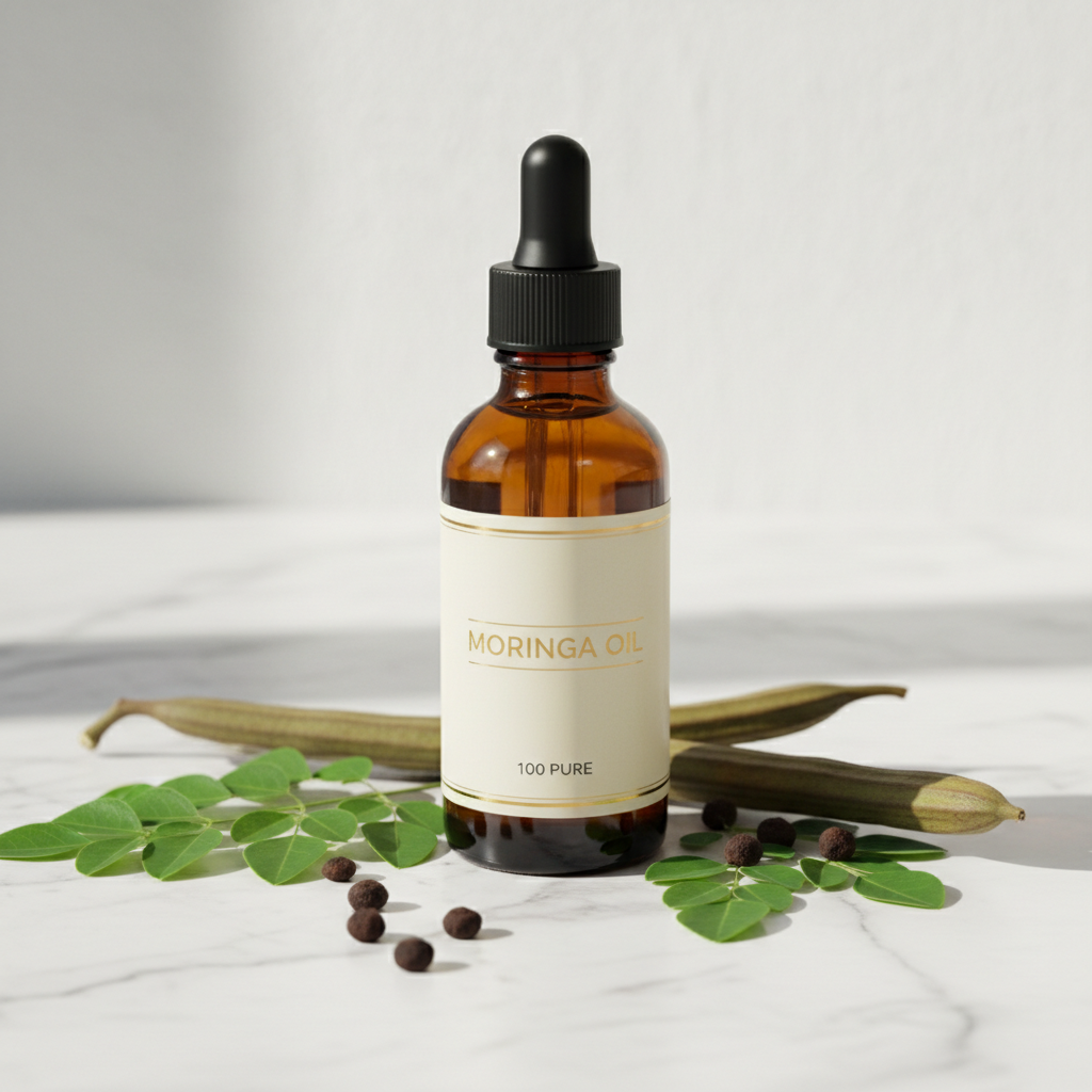 Pure moringa oil dropper bottle on marble with moringa leaves and seeds