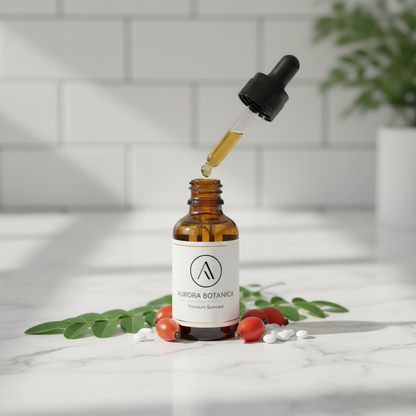 Premium hair and face serum amber dropper bottle on marble with moringa leaves and rosehip berries