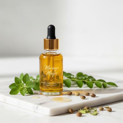Moringa Magic oil blend dropper bottle on marble with oregano sprigs and moringa leaves