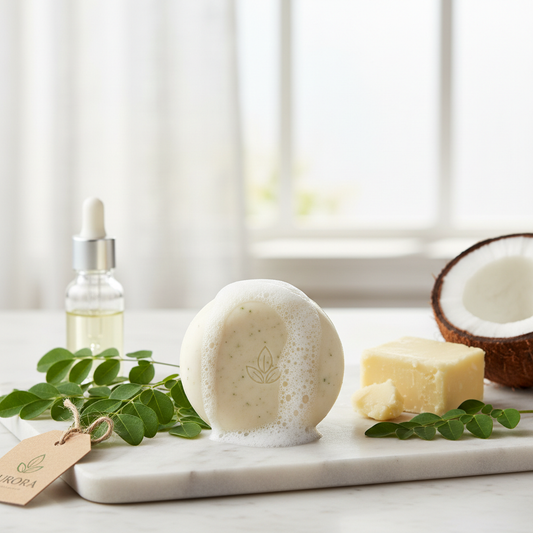 Premium natural shampoo bar on marble with moringa leaves, shea butter and botanicals