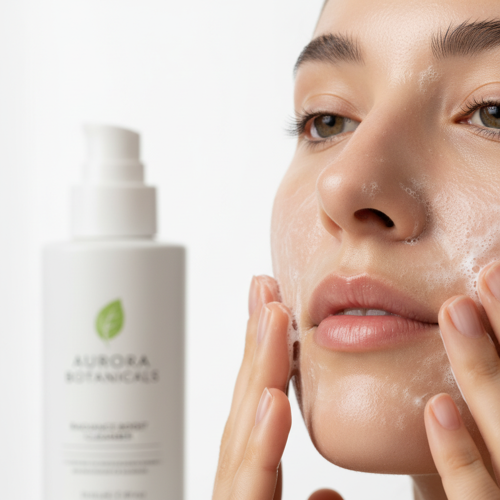 Natural face wash being applied to glowing clear skin