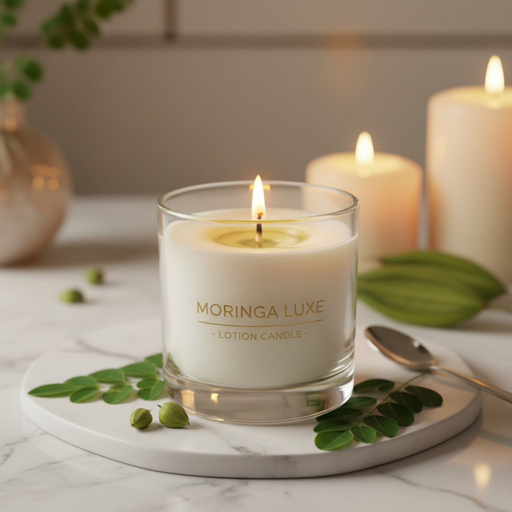 Luxury Moringa lotion candle in glass vessel with lit flame on marble with botanicals