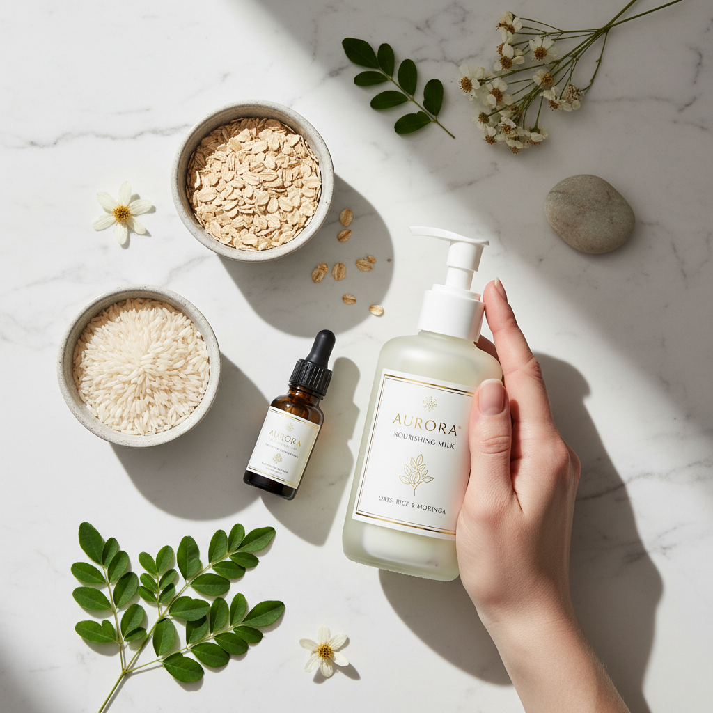 Flat lay of hand and body milk with oats, rice grains, moringa leaves and moringa oil