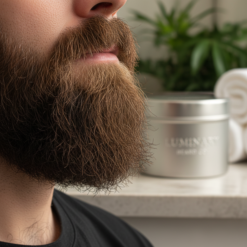 Well-groomed man's beard looking healthy and styled with natural beard balm