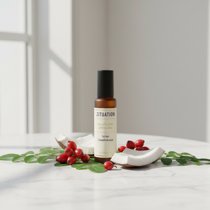 Natural acne spot treatment on marble surface with moringa leaves and rosehip berries
