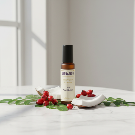 Natural acne spot treatment on marble surface with moringa leaves and rosehip berries