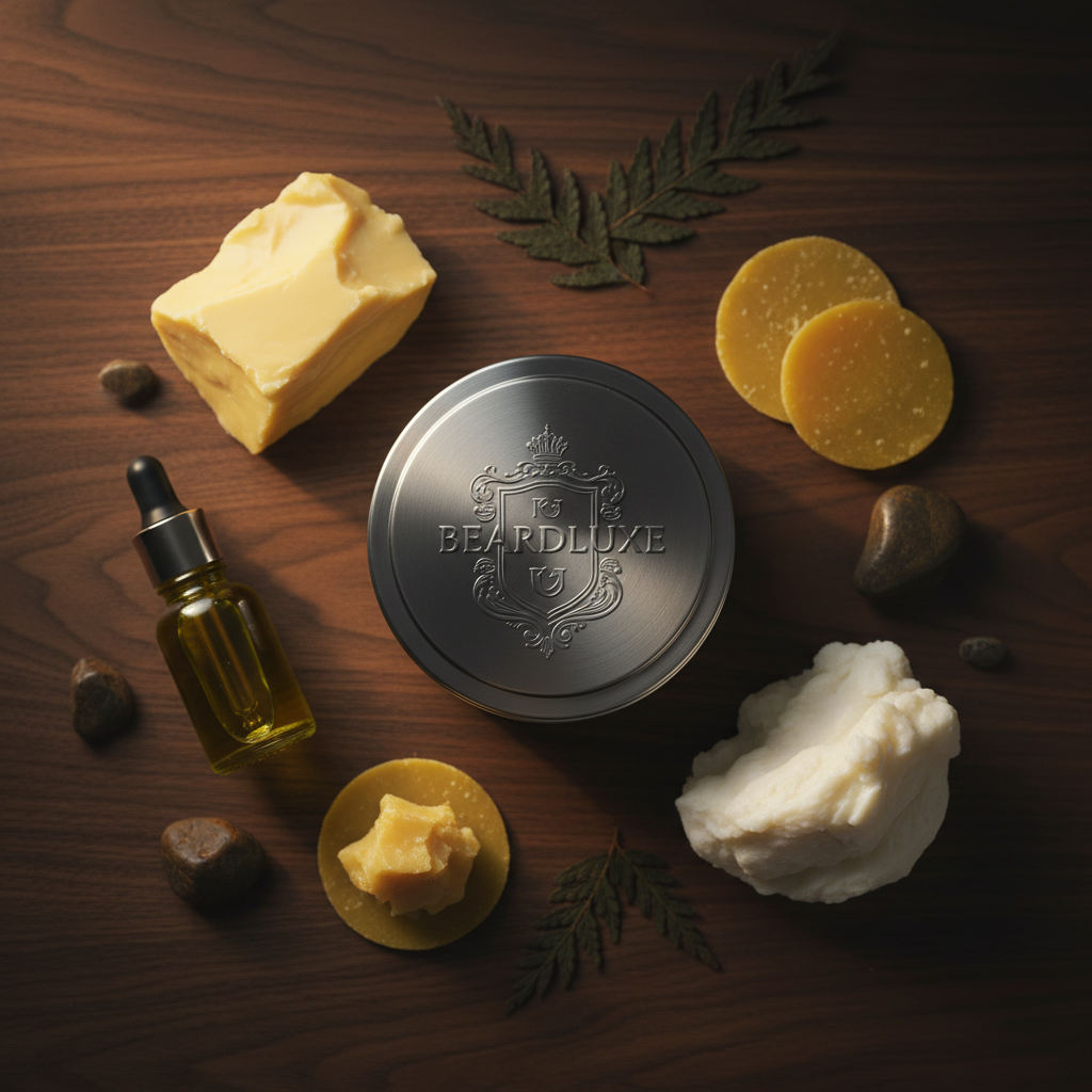 Flat lay of men's beard balm with mango butter, moringa oil and beeswax ingredients