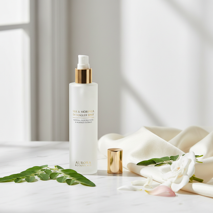 Natural silk hair detangler spray bottle on marble with moringa leaves and flower petals