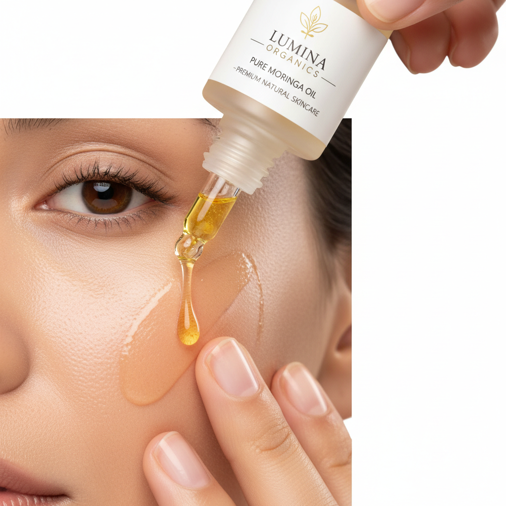 Pure moringa oil being applied to glowing radiant skin