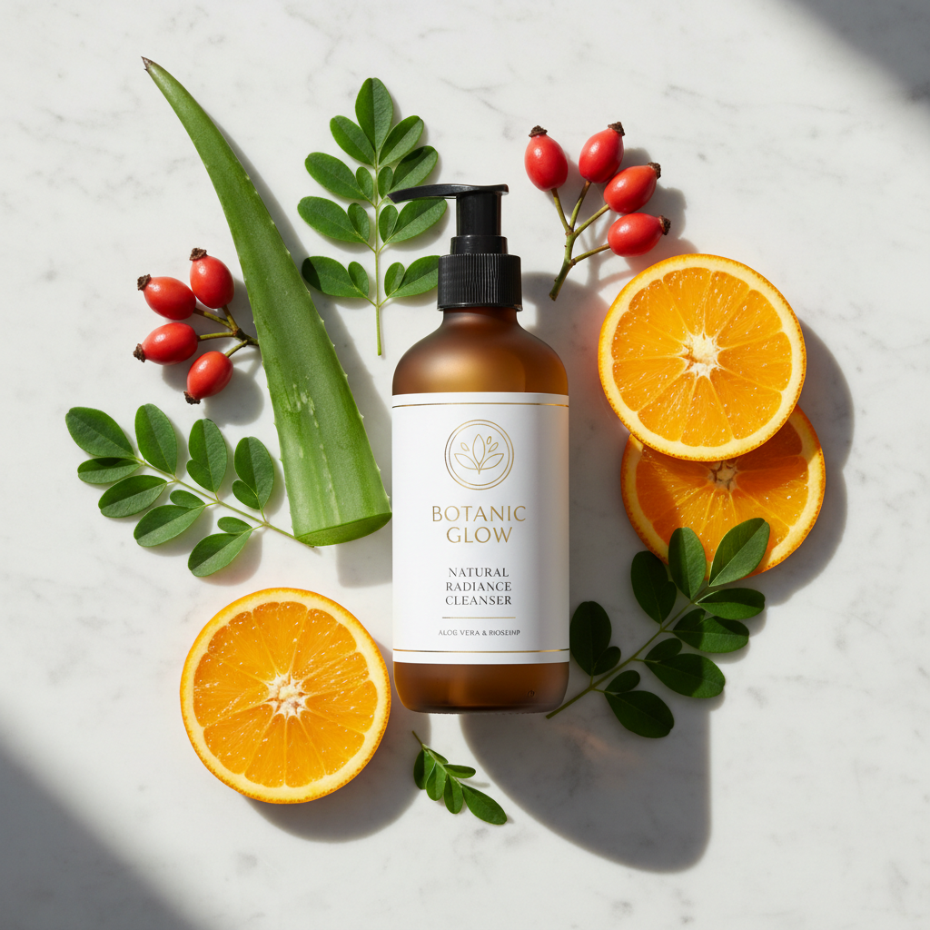 Flat lay of face wash with aloe vera leaf, rosehip berries, vitamin C orange slices and moringa