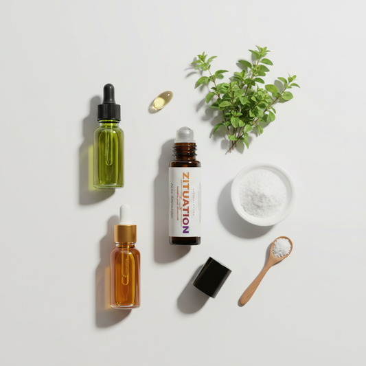 Flat lay of natural acne spot treatment with moringa, rosehip, coconut oil and oregano ingredients