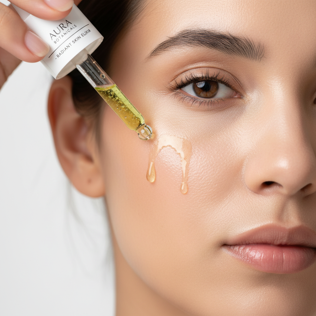 Natural moringa and oregano oil blend being applied to clear healthy skin