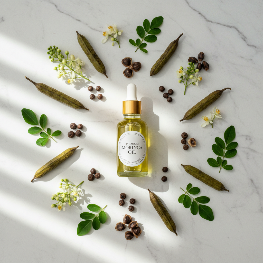 Flat lay of pure moringa oil with moringa pods, seeds and flowers on white marble
