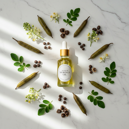 Flat lay of pure moringa oil with moringa pods, seeds and flowers on white marble