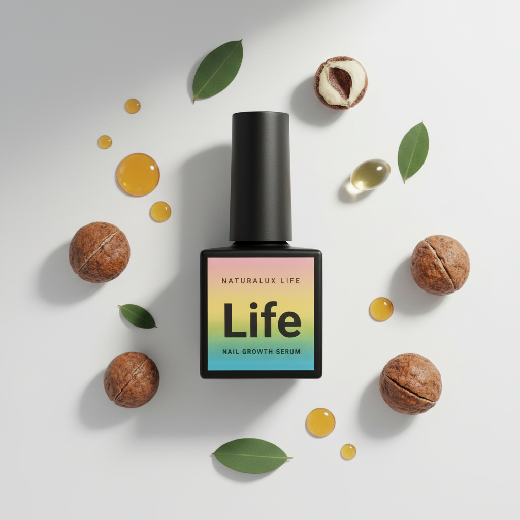 Flat lay of nail growth serum with moringa oil, babassu nuts and botanical ingredients