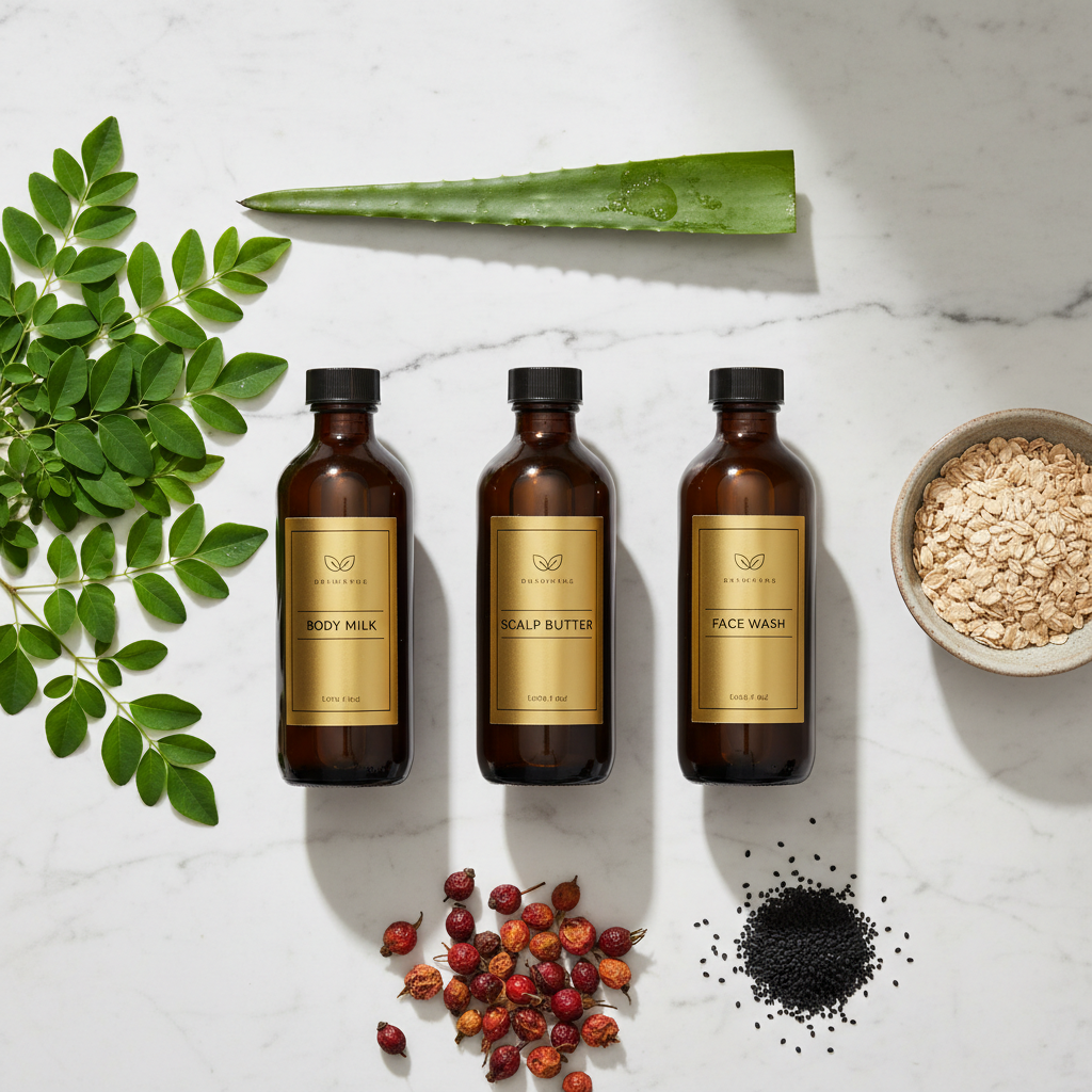 Naturalux 3-Pack Wellness Bundle featuring Body Milk, Scalp Butter and Face Wash on marble surface with natural ingredients