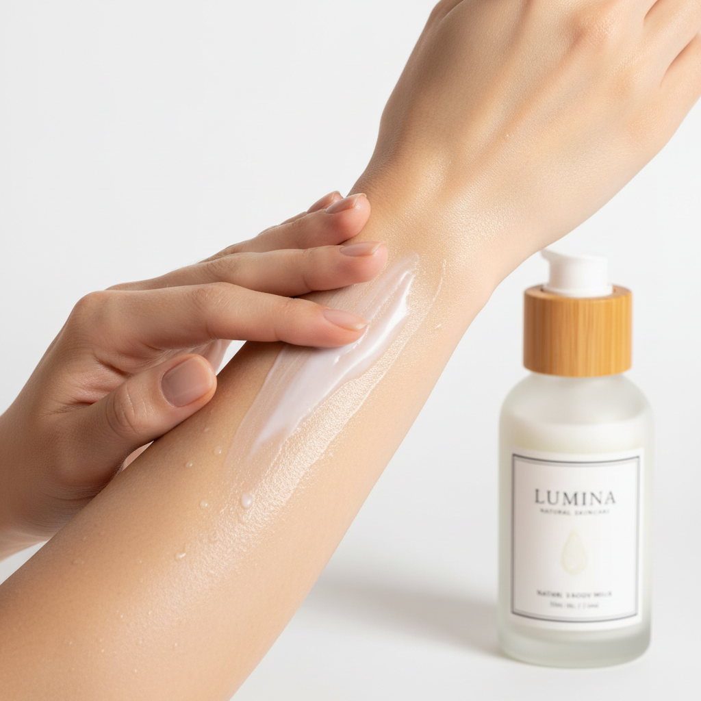Smooth glowing moisturized skin with natural body milk being applied to hands and arms