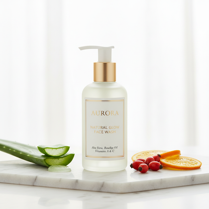 Natural face wash pump bottle on marble with aloe vera, rosehip berries and citrus