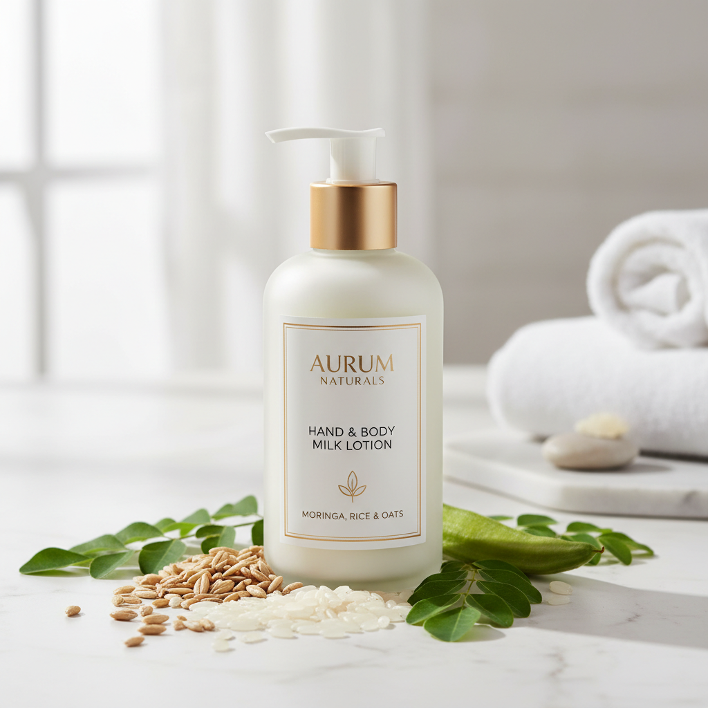 Natural hand and body milk pump bottle on marble with oats, rice and moringa leaves
