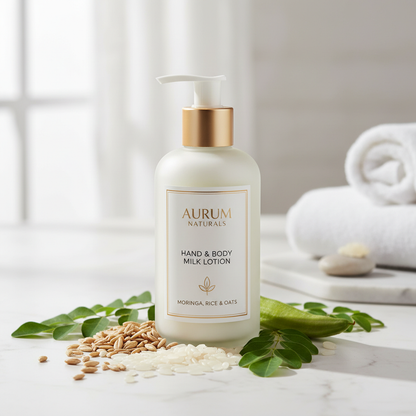 Natural hand and body milk pump bottle on marble with oats, rice and moringa leaves