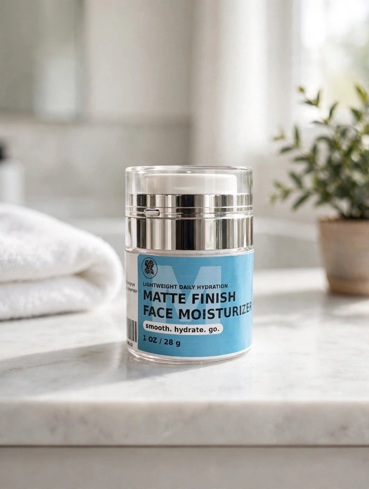 Matte Finish Face Moisturizer jar on a bright bathroom vanity