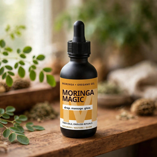 Moringa Magic dropper bottle on a warm wooden apothecary shelf