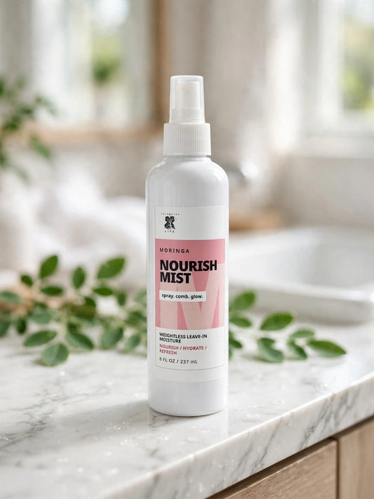 Nourish Mist spray bottle on a bright bathroom vanity with green leaves