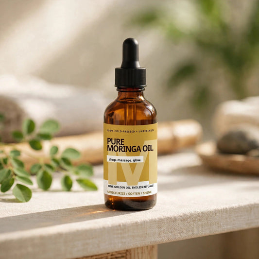 Pure Moringa Oil amber dropper bottle on a bright spa shelf in warm sunlight